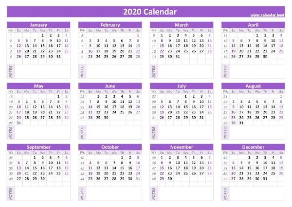 Calendar 2020 with week numbers