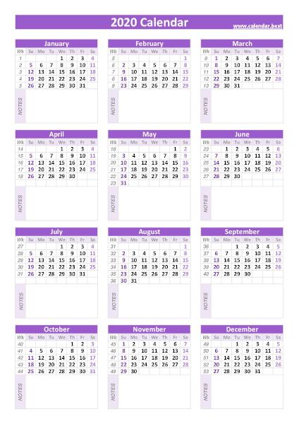 Calendar with weeks 2020