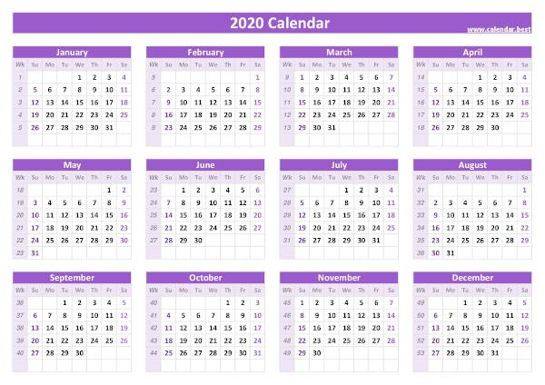 2020 calendar with week numbers.