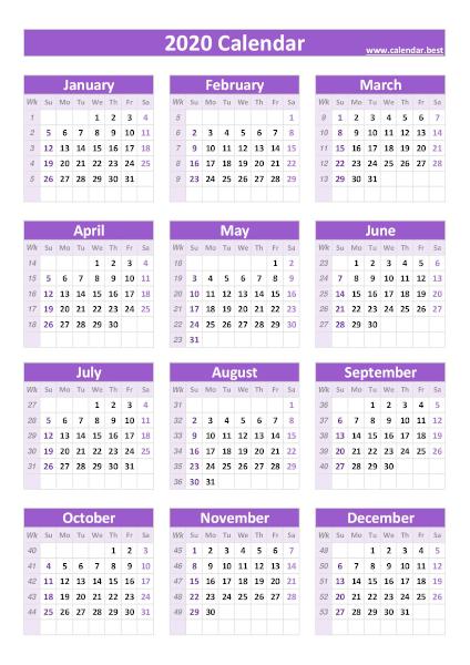 2020 calendar with weeks, purple template