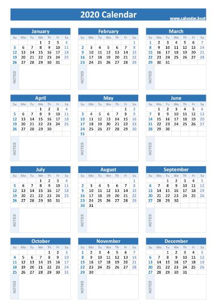 2020 calendar with blank notes