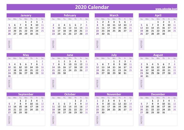 2020 calendar with blank notes