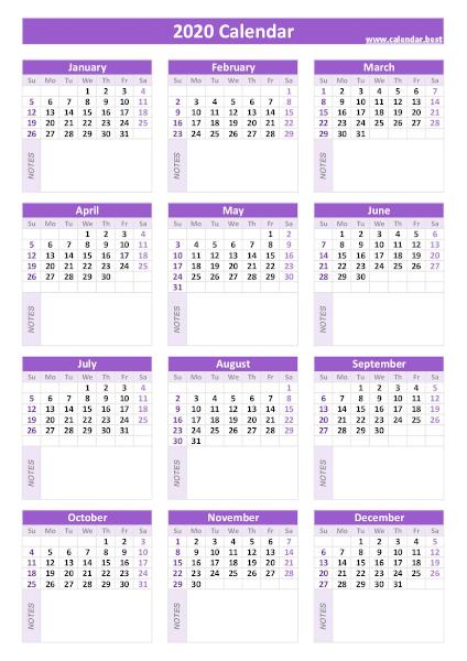 2020 calendar with blank notes