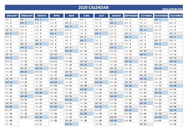 2020 yearly best sale calendar printable