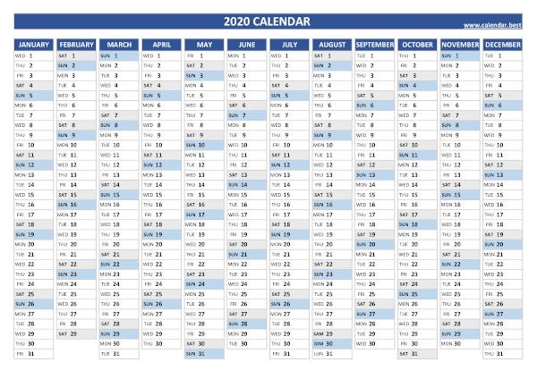 2020 yearly calendar