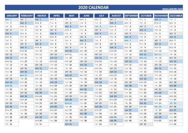 2020 yearly calendar with holidays