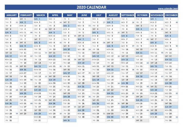 2020 yearly calendar with week numbers