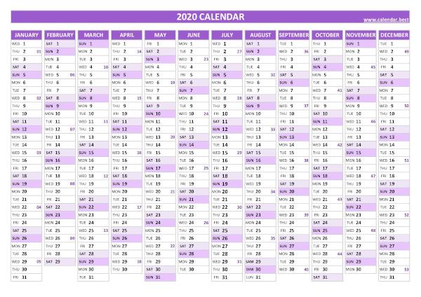 2020 yearly calendar with week numbers