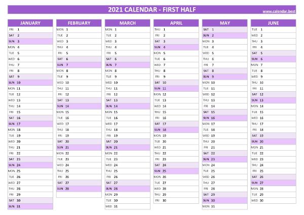 Blank calendar for first half 2021