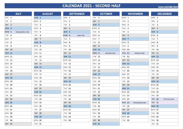 Second half year calendar 2021 with holidays