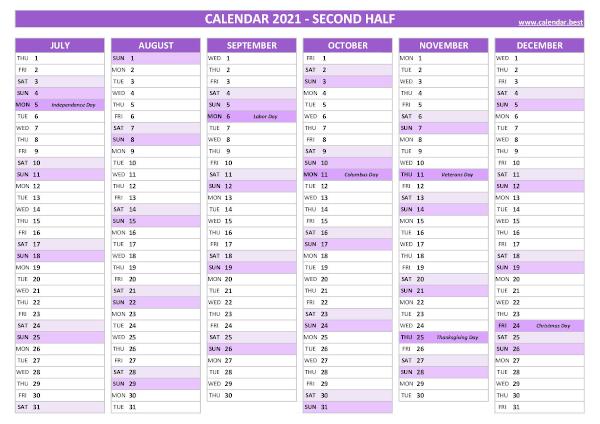 Second half year calendar 2021 with holidays