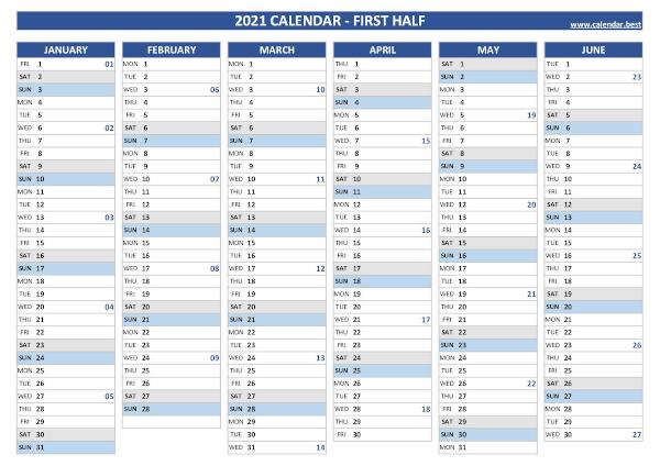 First half year calendar 2021 with week numbers