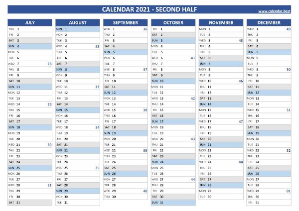Second half year calendar 2021 with week numbers