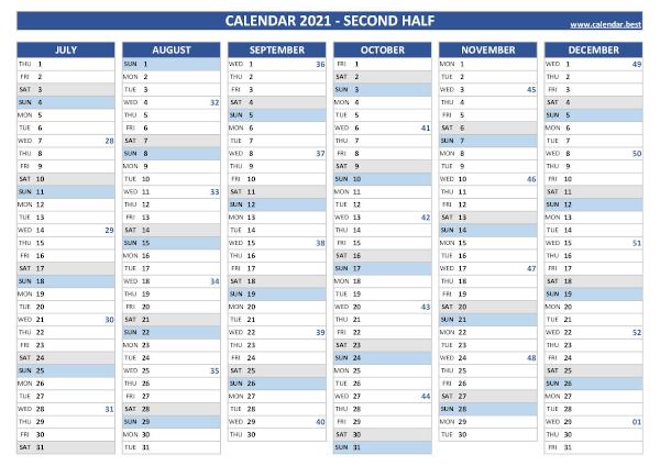 2021 half year calendar with week numbers