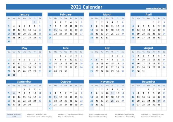 2021 Calendar With Holidays Calendar Best