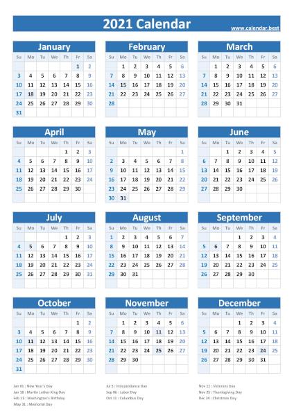Calendar 2021 with holidays