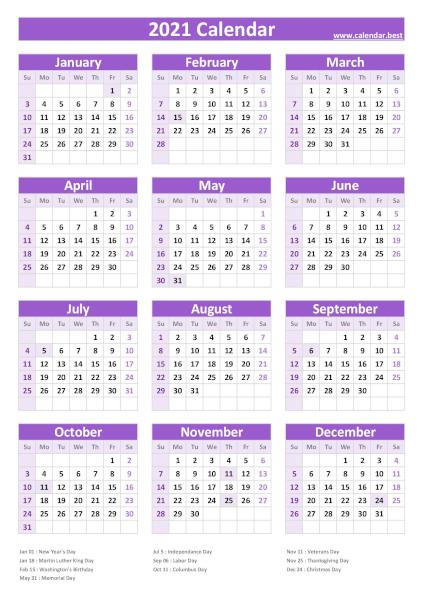 2021 calendar with holidays, purple template