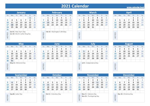 Calendar 2021 with holidays