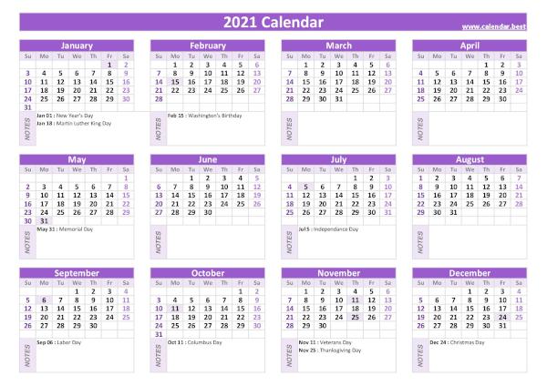 Calendar 2021 with holidays