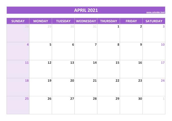 Blank monthly calendar : April 2021