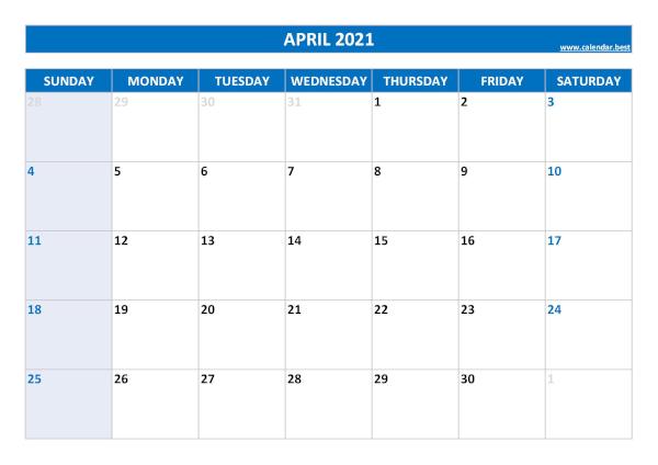 April calendar 2021 with holidays