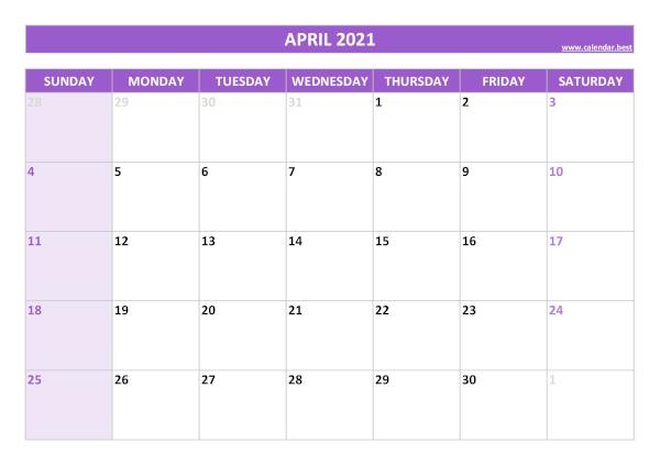 Monthly calendar with holidays : April 2021