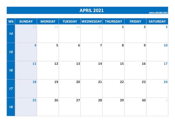 April calendar 2021 with week numbers