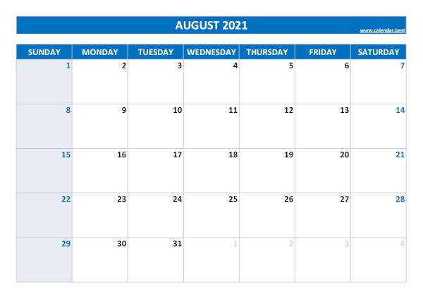 Monthly calendar with week : August 2021