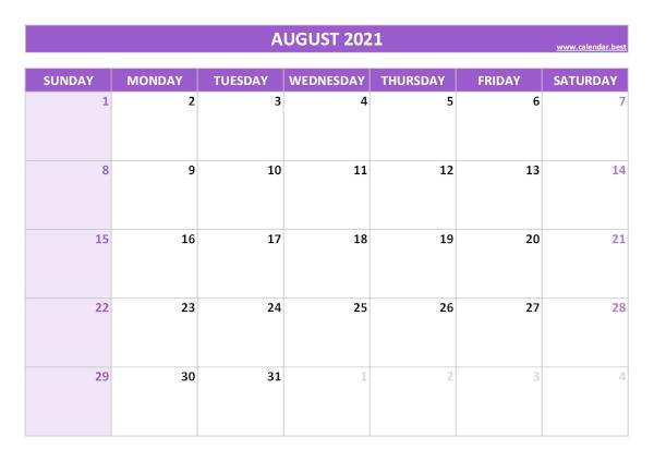 August calendar 2021