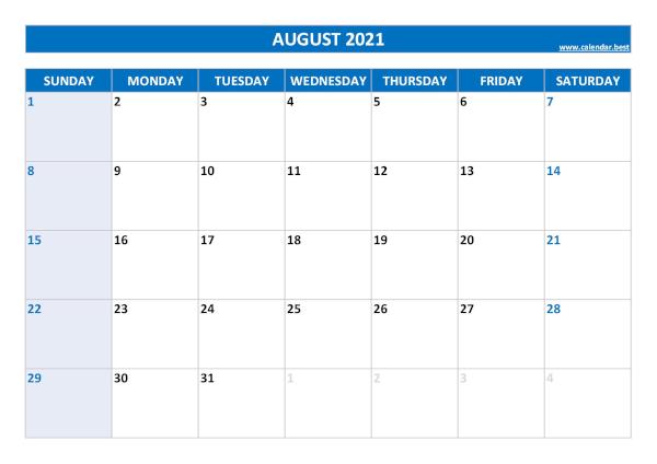 August calendar 2021 with holidays