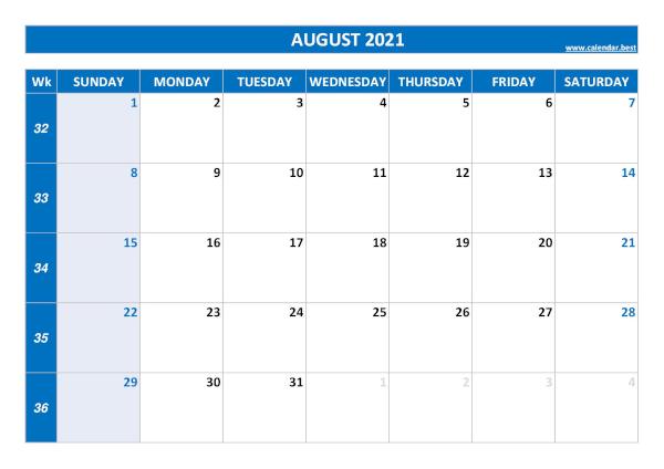 August calendar 2021 with week numbers