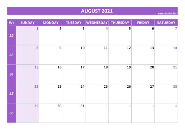 August calendar 2021 with week numbers