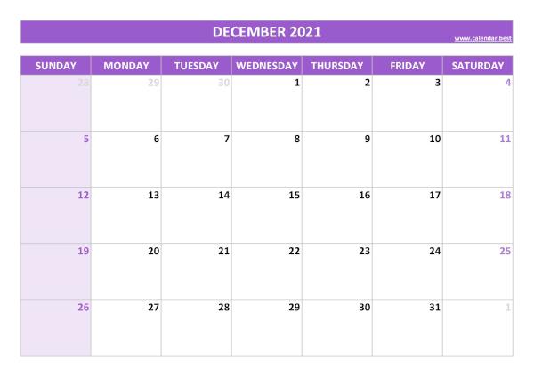 Blank monthly calendar : December 2021