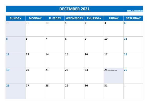 December calendar 2021 with holidays