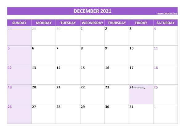 Monthly calendar with holidays : December 2021