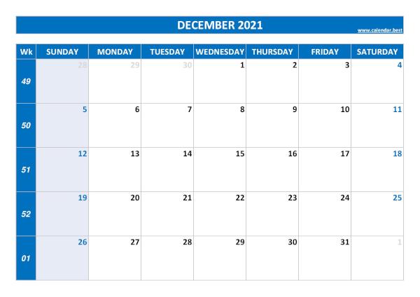 December calendar 2021 with week numbers
