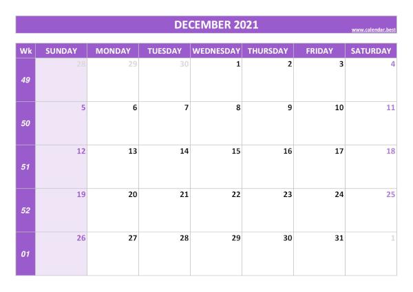 Monthly calendar with week : December 2021