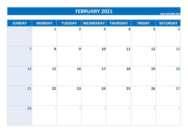 February calendar 2021
