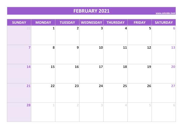 February calendar 2021