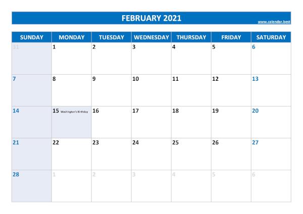 February calendar 2021 with holidays