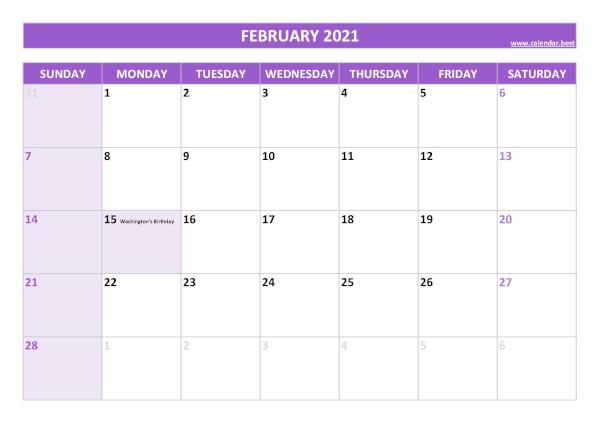 Monthly calendar with holidays : February 2021