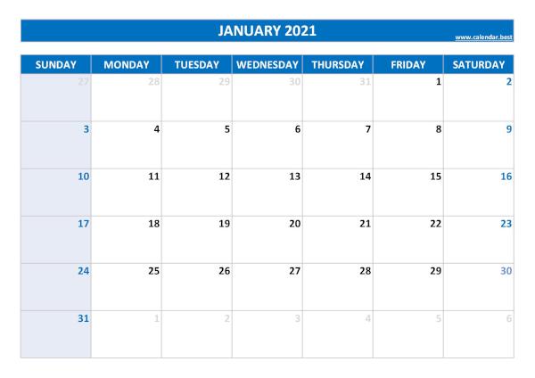 Blank monthly calendar : January 2021