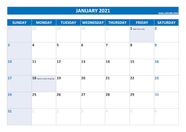Monthly calendar with holidays : January 2021