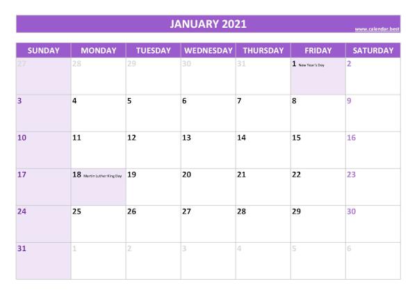 January calendar 2021 with holidays