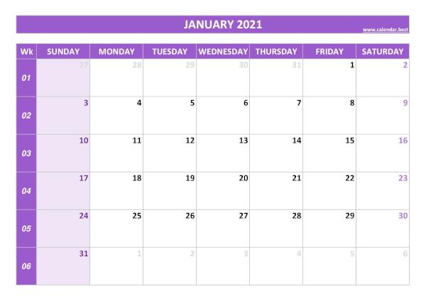 January calendar 2021 with week numbers