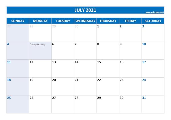 Monthly calendar with holidays : July 2021