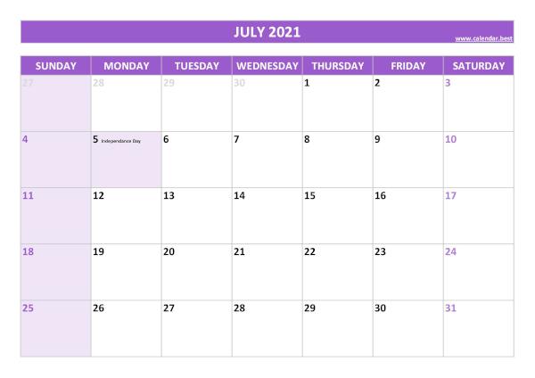 July calendar 2021 with holidays