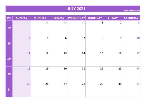 July calendar 2021 with week numbers