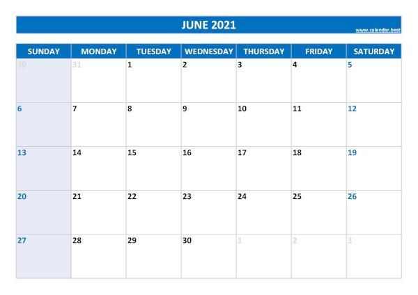 June calendar 2021 with holidays
