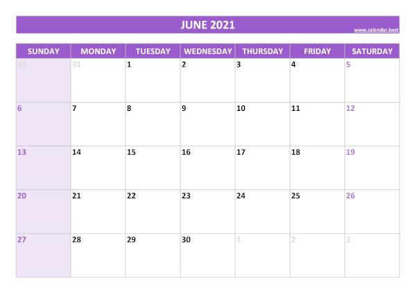 June calendar 2021 with holidays